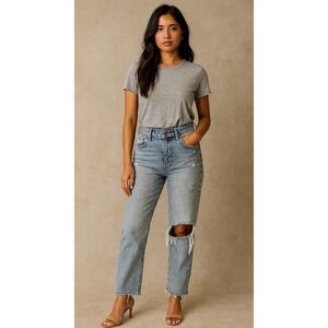 Sincerely Jules Gray Tee and Blue Straight Leg Jeans